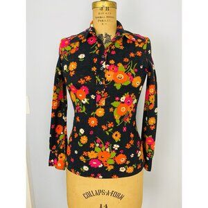 Vintage 60s Knitworks Womens XS Popover Blouse Shirt Colorful Floral Hippie